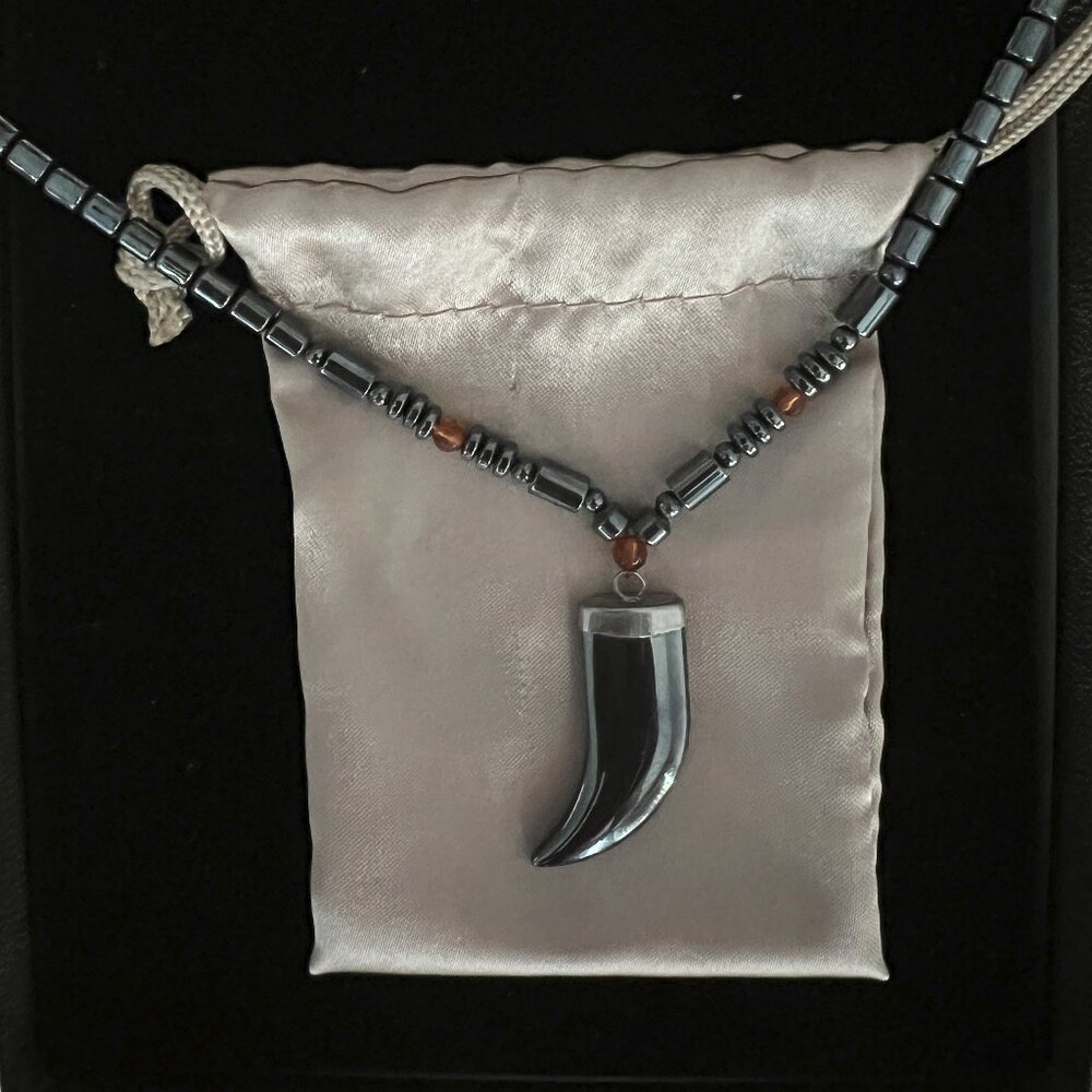 18" Black Horn Fashion Necklace with Amber/Silver Accents and Barrel Clasp